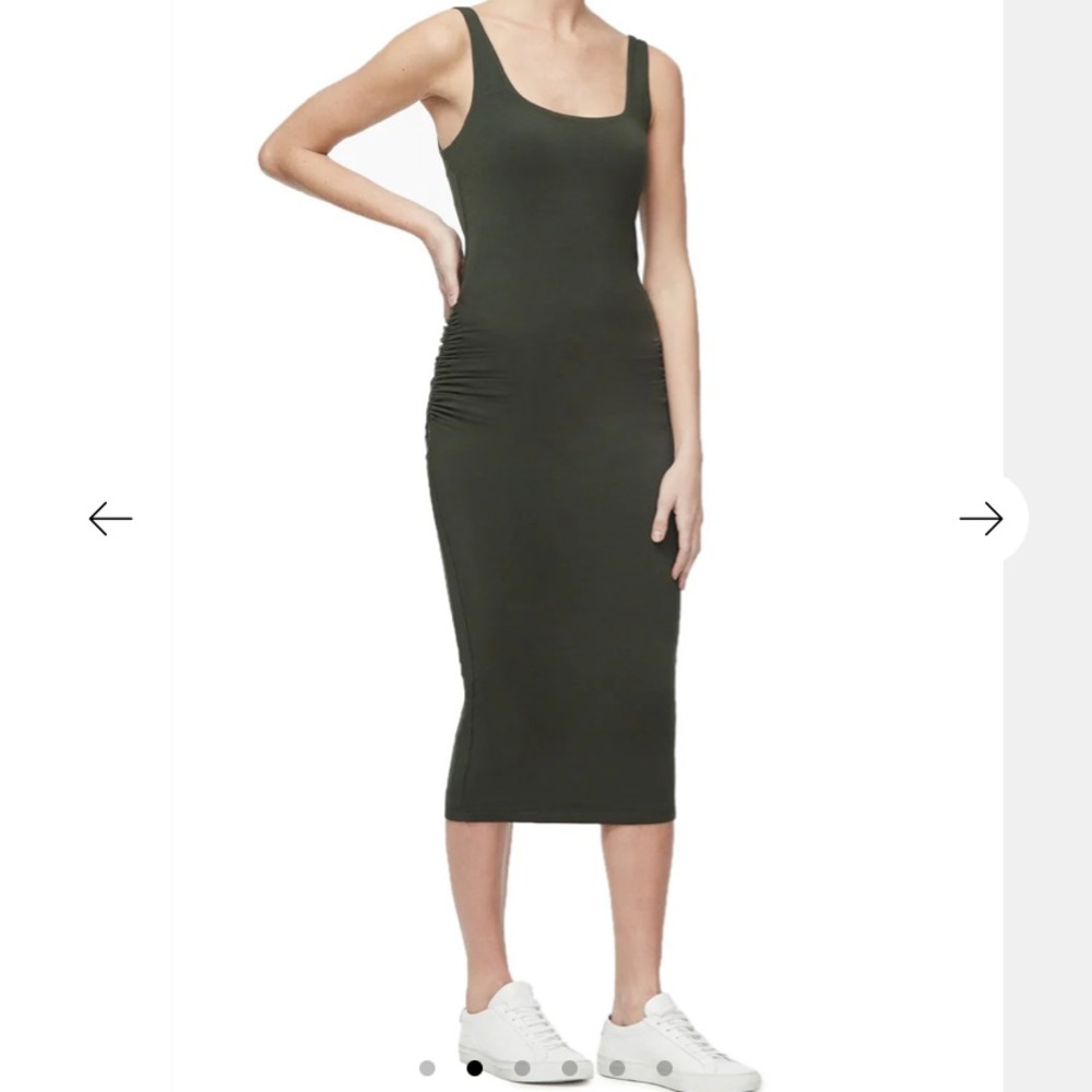 Good American Ruched Sleeveless Square Neck Midi Dress Olive Green size 2